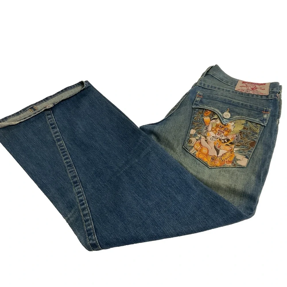 True Religion Flare Twisted Buddha Graphic embroidered‎ pocket USA Y2K